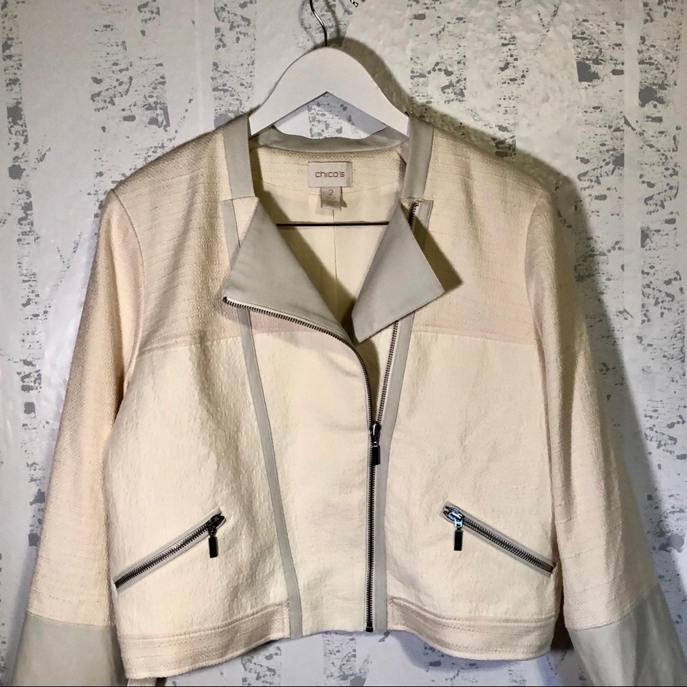 Chicos Winter White Cream Moto Jacket Sz 2 Texture
